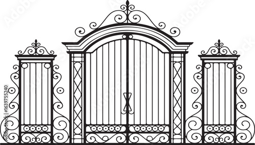 Ornate black metal gate with decorative scrolls and finials wrought iron gate black gate
