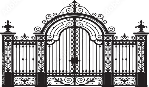 Ornate black metal gate with decorative scrollwork and arched top wrought iron gate black gate