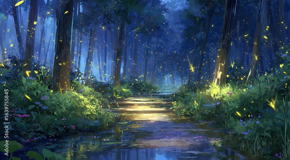 Obraz premium Magical Glowing Forest Path At Night