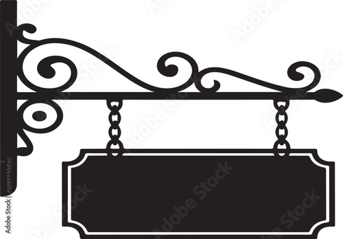Ornate hanging sign with decorative scrollwork and chains black
