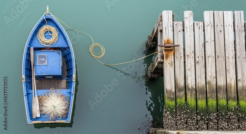 Blue Serenity: A Lone Fishing Boat Moors by a Weathered, Barnacled Pier