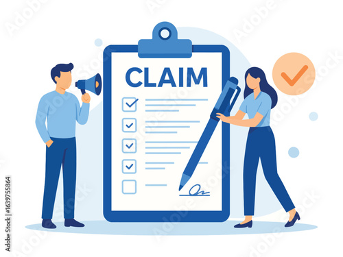 A woman signs a large insurance claim form on a clipboard while a man makes an announcement with a megaphone.