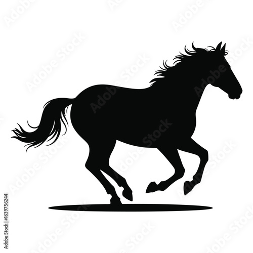 Silhouette of a majestic black horse galloping with its mane flowing freely