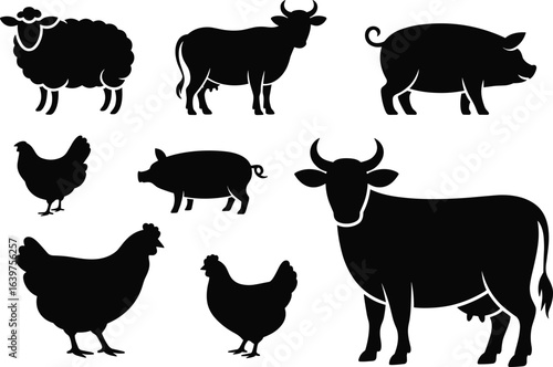 Farm animal silhouettes vector set, including cow, pig, chicken, sheep, livestock icons, black isolated design, rural farm animals illustration
