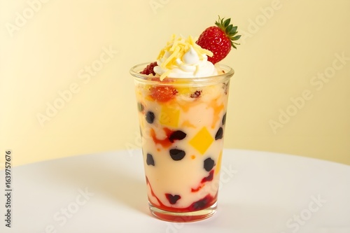Colorful Indonesian dessert drink Es Teler Lemak with fruit, jelly, basil seeds, shaved ice, vanilla ice cream, shredded cheese, and strawberry topping, isolated on light yellow gradient background