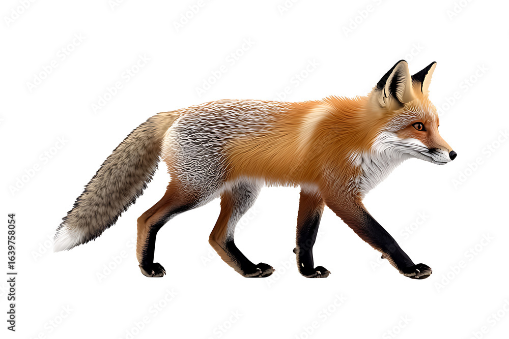Fototapeta premium furry red fox walking isolated on transparent background.
