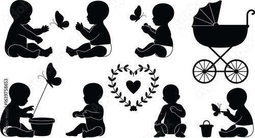Silhouette of baby playing with butterfly, sitting infant in diaper, baby stroller, love heart symbol, cute child vector illustration