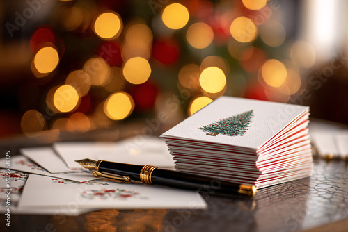 Stack of christmas cards with a fountain pen and blurred festive lights in the background