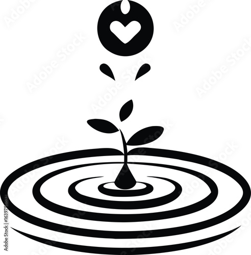 Black Icon of Water Droplet Falling on Sprouting Plant in Ripples vector illustration