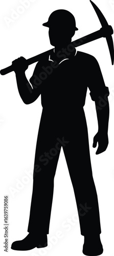Silhouette of a hardworking miner with pickaxe, ready to start the day, a symbol of labor and industry