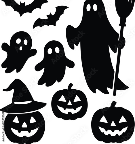 Spooky Halloween fun! Smiling pumpkins, bats, and ghosts conjure up a festive, eerie, and playful vibe
