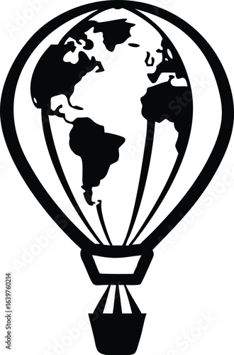 Black silhouette of a hot air balloon with a globe of Earth as the balloon world planet
