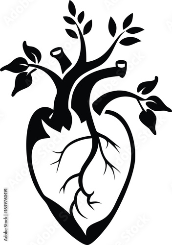 Black silhouette of a human heart intertwined with a growing tree and branches on a white background
