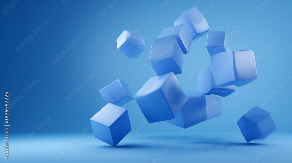Obraz premium Blue cubes floating, forming loose circle, soft light, airy backdrop