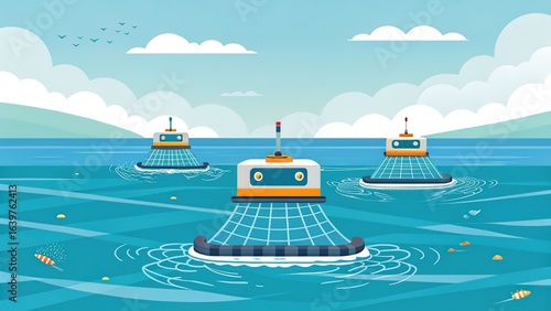 Innovative ocean cleanup robots working together to remove plastic debris creating cleaner oceans for a brighter future