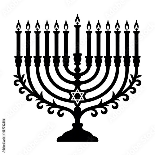 Black and White Hanukkah Menorah with Candles, Star of David, and Elaborate Details Celebrating the Festival of Lights