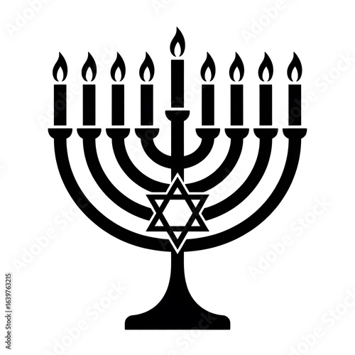 Illustration of a Hanukkah Menorah with Lit Candles and a Prominent Star of David Symbol Displayed in Front