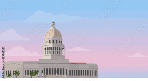 Historic legislative action at capitol building city skyline digital art evening light aerial view civic engagement. Vector illustration