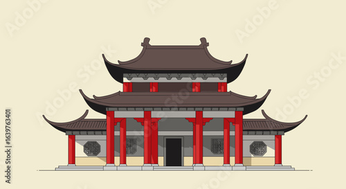 Traditional asian architecture cultural heritage site digital art minimalist design front view serenity and beauty. Vector illustration