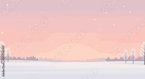 Winter sunrise over a snowy landscape tranquil nature scene minimalist design soft colors. Vector illustration