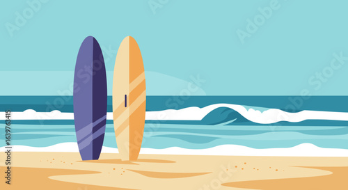 Surfing action at the beach with colorful boards coastal landscape digital art sunny environment scenic view. Vector illustration