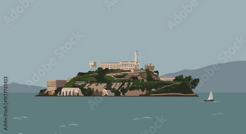 Exploring alcatraz island's historic architecture san francisco bay digital illustration calm water aerial view heritage. Vector illustration