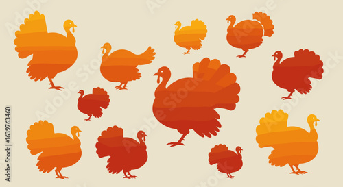 Colorful turkey illustrations thanksgiving celebration digital art festive atmosphere eye-level view holiday concept. Vector illustration
