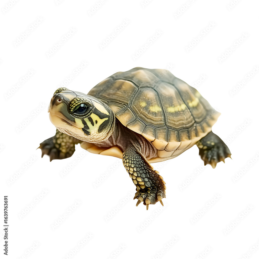 Fototapeta premium A detailed close up of a small turtle with intricate shell patterns isolated on transparent background