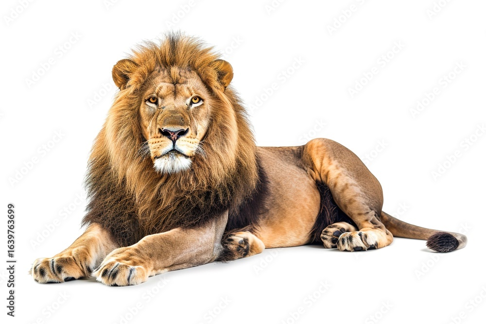 Obraz premium Male adult lion lying down, Panthera leo, isolated on white