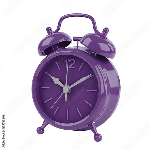 Purple alarm clock with twin bells and clock face isolated on a transparent background time