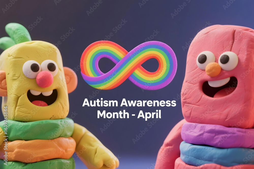 Fototapeta premium Clay rainbow infinity symbol with playful characters for autism awareness month April celebrating neurodiversity brain care and inclusion for autism and ADHD