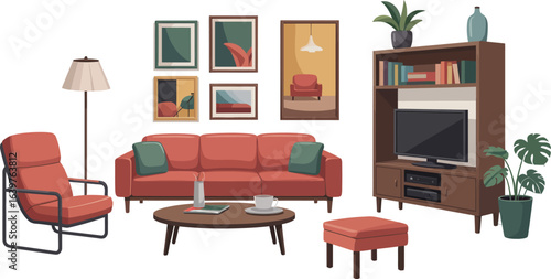 Cozy Living Room Interior Vector Illustration with Furniture and Decor Elements