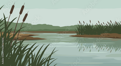 Calm river scene with reeds and reflection nature landscape tranquil environment serene viewpoint. Vector illustration