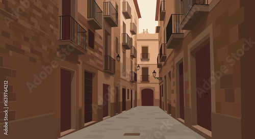 Exploring historic streets barcelona digital artwork urban environment eye-level view cultural heritage. Vector illustration