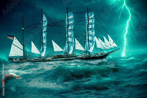 Tall sailing ship in stormy sea with lightning strike