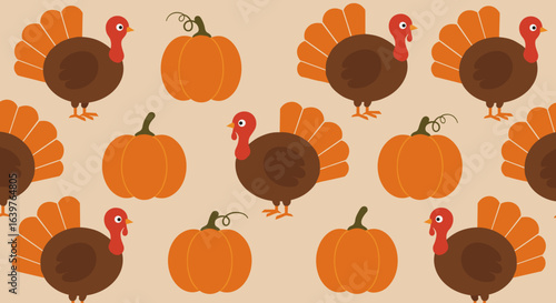 Thanksgiving celebration with turkeys and pumpkins festive pattern digital art warm background playful concept. Vector illustration