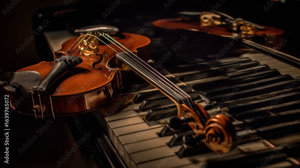 Fototapeta premium Violin Resting on Piano Keys in a Dimly Lit Setting