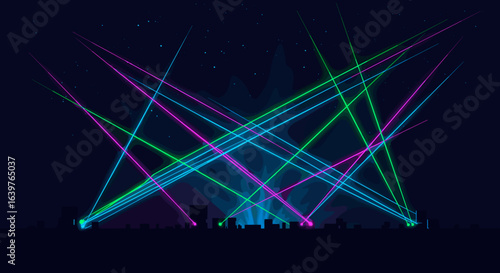 Dynamic laser light show concert venue visual display nighttime audience perspective modern entertainment. Vector illustration