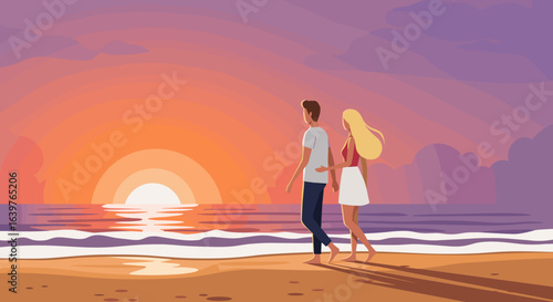 Couple walking on the beach at sunset romantic scene digital illustration coastal setting side view love and connection. Vector illustration