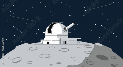 Observatory on the moon exploring celestial wonders in a cosmic environment. Vector illustration