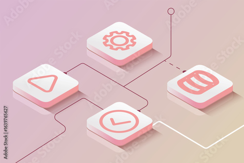 Isometric Workflow Diagram with App Icons, Red Gradient Vector, Business Process Automation