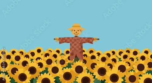 Scarecrow standing in a field of sunflowers agricultural landscape illustration bright blue sky cheerful concept. Vector illustration