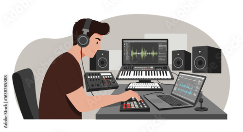 Music production session home studio digital content creative environment side view sound engineering techniques. Vector illustration