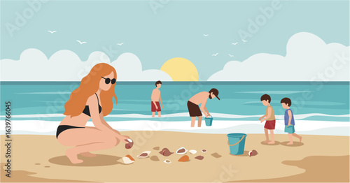 Beachcombing adventure family fun at sunset illustrated scene coastal environment playful viewpoint. Vector illustration