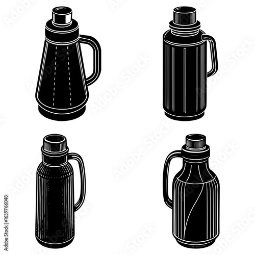 Illustration showing four different thermos bottles with handles in a black and white style drawing