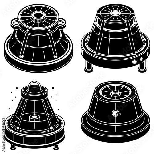 Four isometric black and white stylized illustrations of different space capsules on a white background