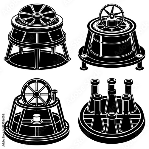 Four isometric illustrations of industrial machinery and bottle holders in black and white outline style