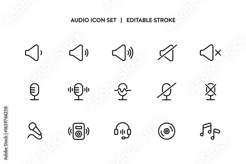 Audio and sound icon set include speaker, microphone, voice chat, record buttons, volume level, hearing wave, speaker and headset symbol for podcast music multimedia, AI chat application outline icons