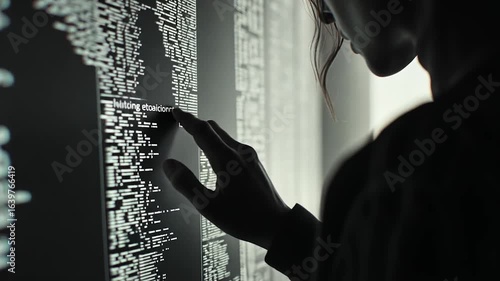Female Hacker Analyzing Data on Computer Screen in Dimly Lit Office