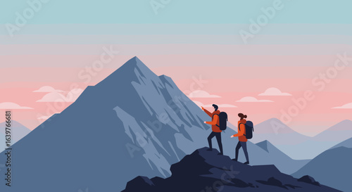 Adventurous hiking expedition mountain range illustration outdoor landscape panoramic view exploring nature. Vector illustration